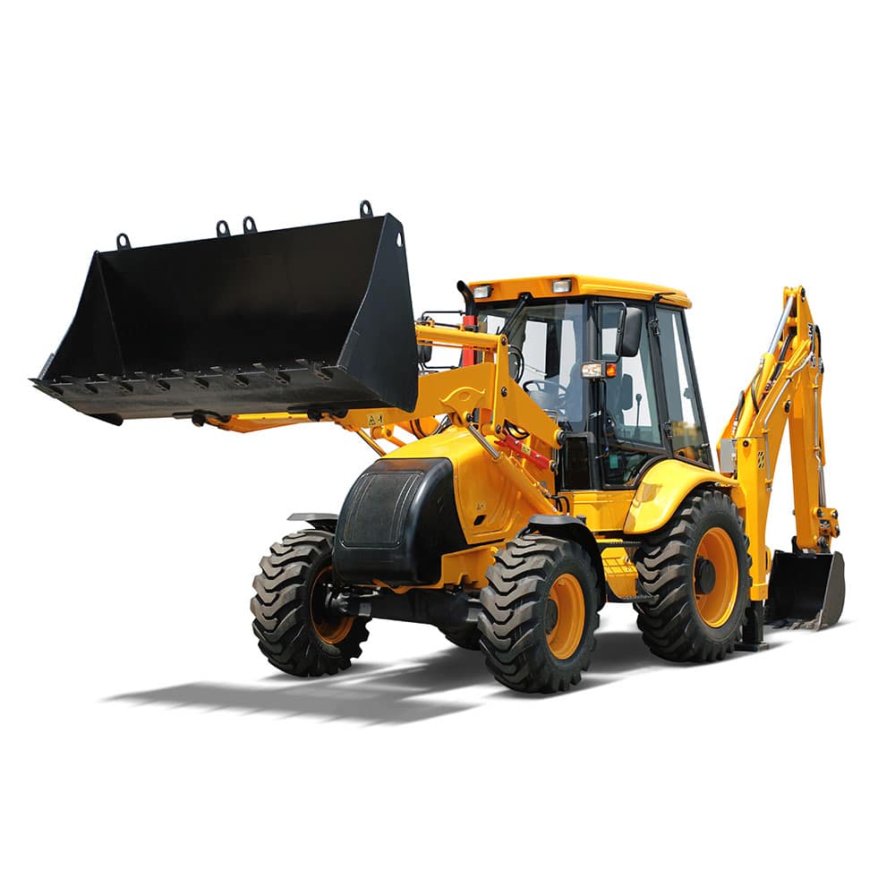 yellow backhoe with bucket on white background